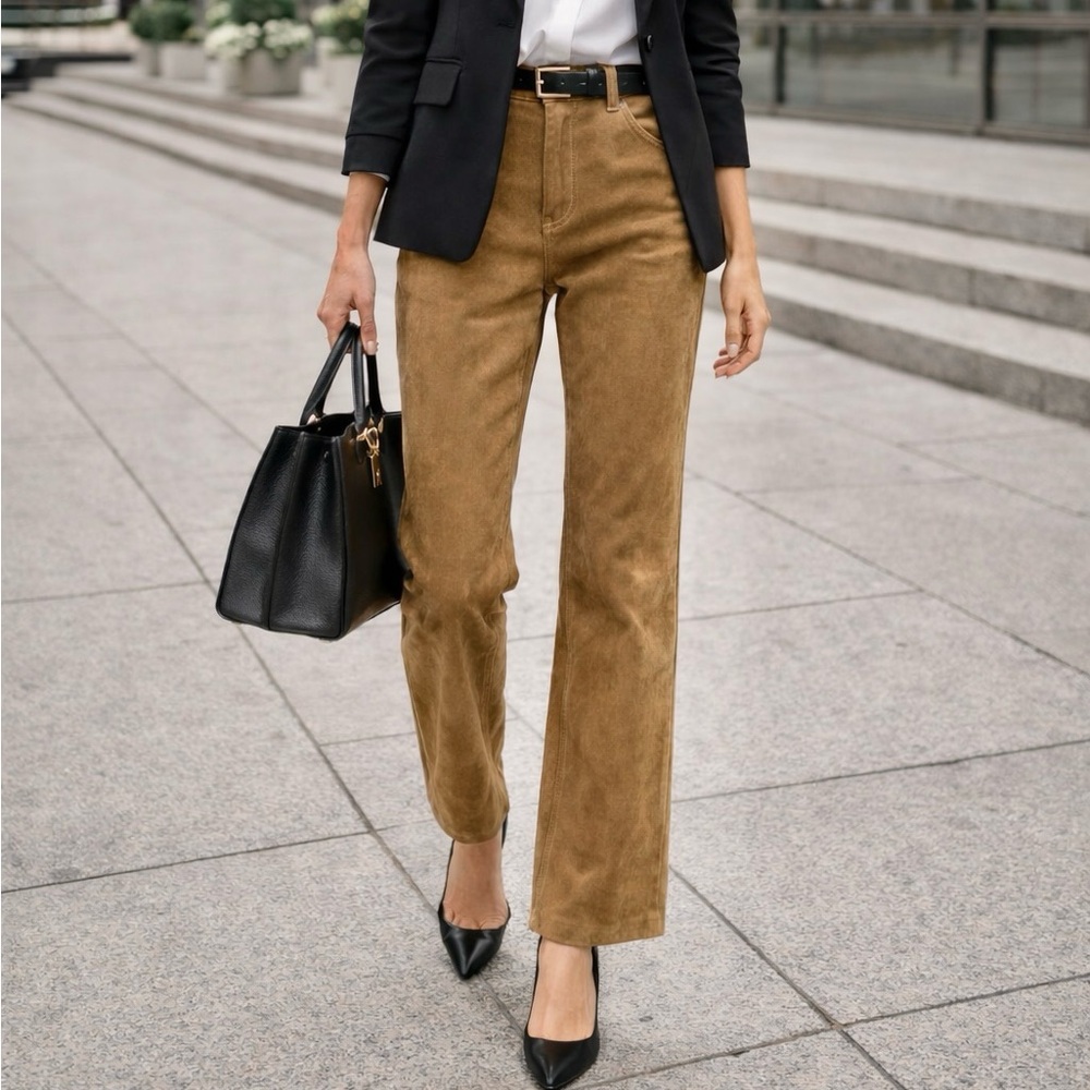 Banana Republic Vegan Faux Suede High Rise Slim Pants Tan Soft Raw Hem size 12